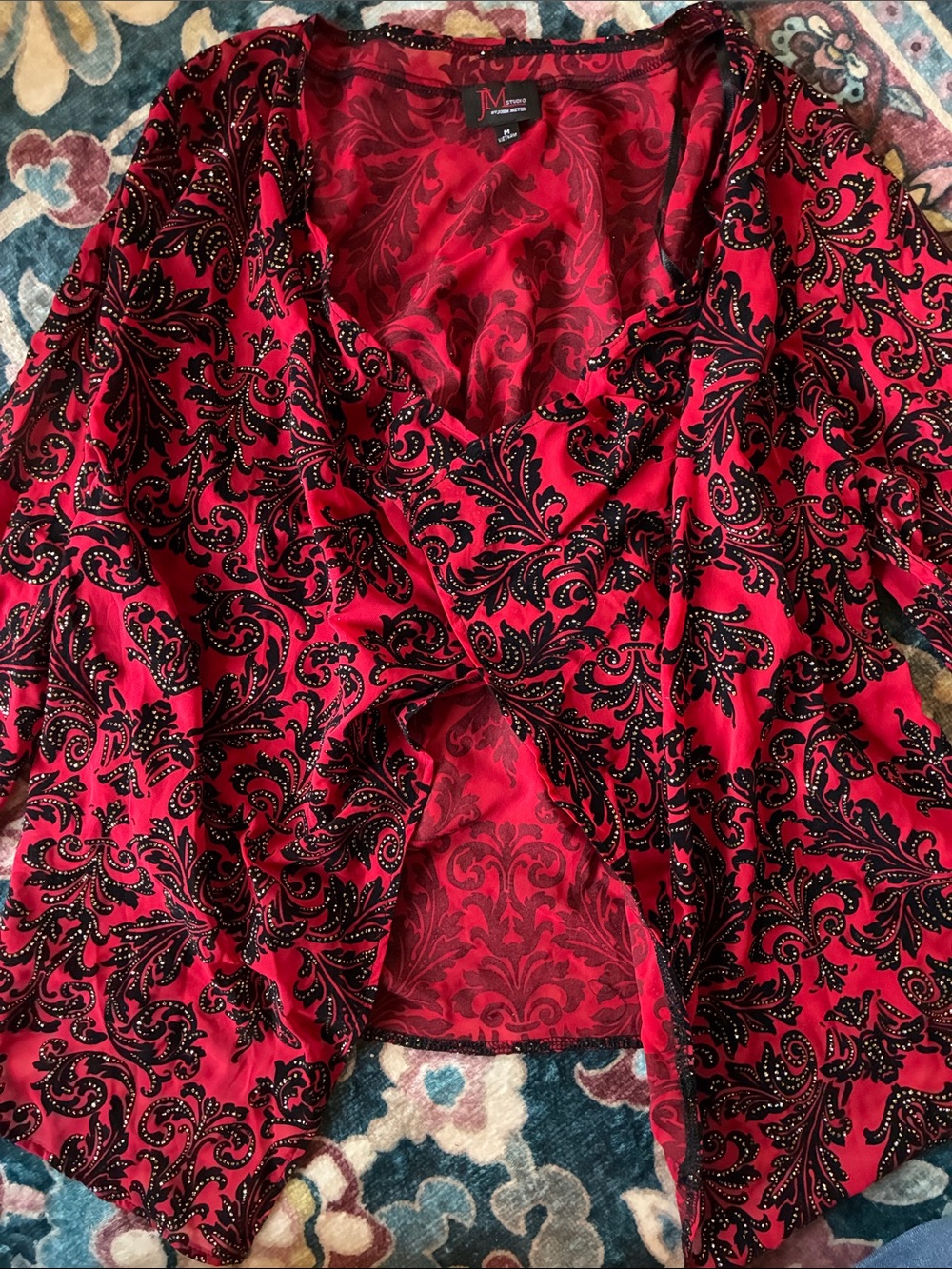 JM Collection Vintage red and black paisley sparkle open jacket 3/4 sleeves